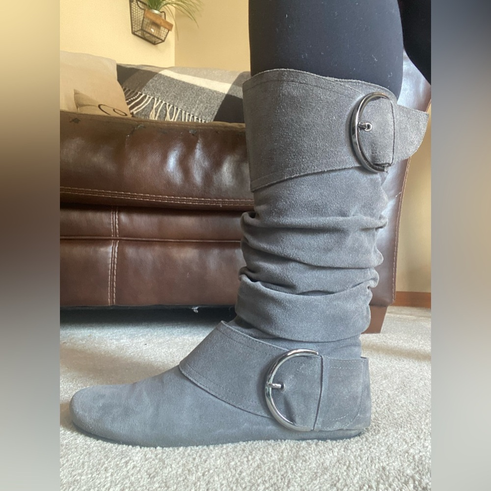 Naughty Monkey grey suede mid calf boot. Size 9.5. Inside zip. Buckle detail